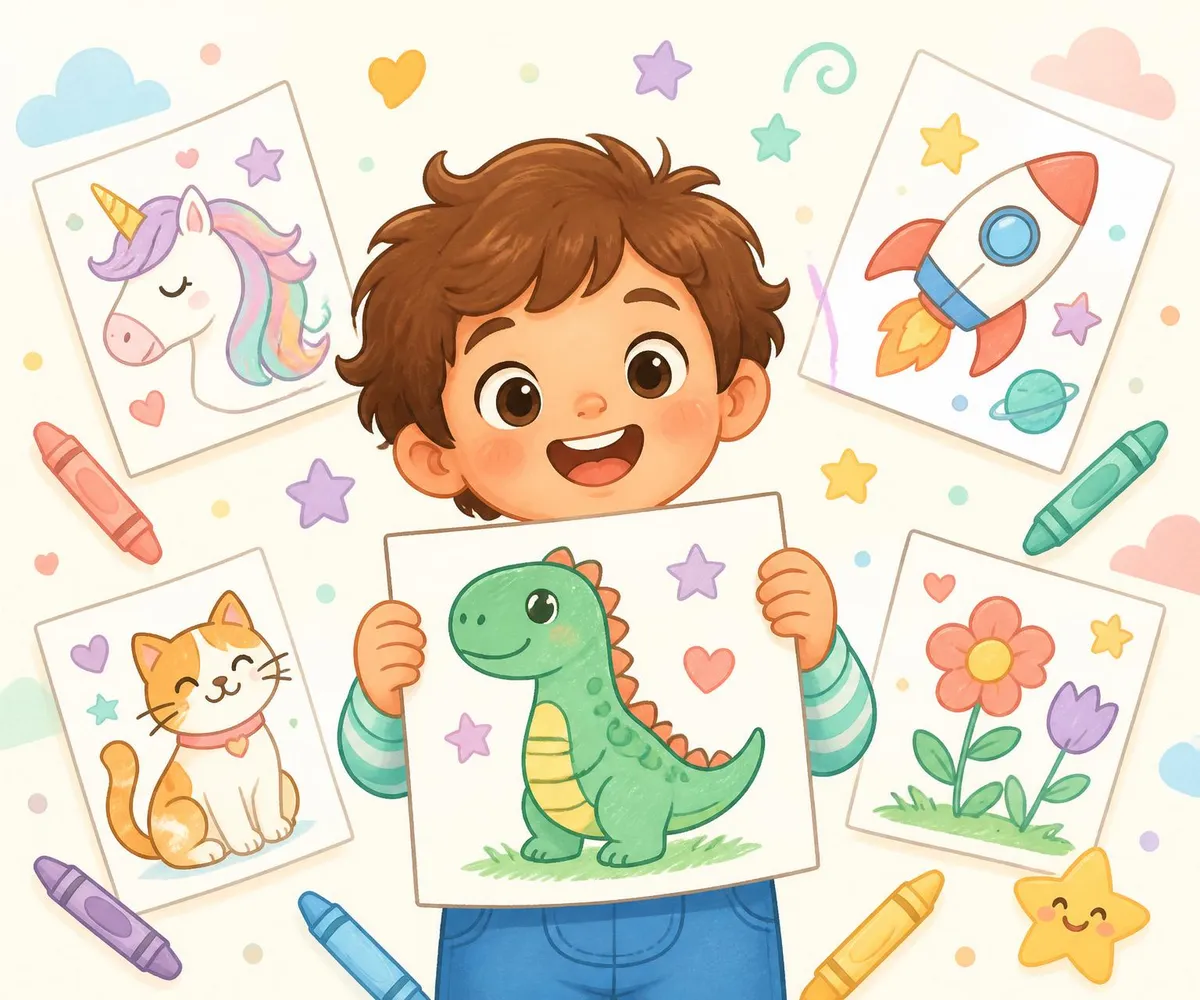 A joyful child holding up a colorful coloring page surrounded by unicorns, rockets and dinosaurs